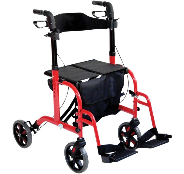 Whelchair rollator showing front view in red