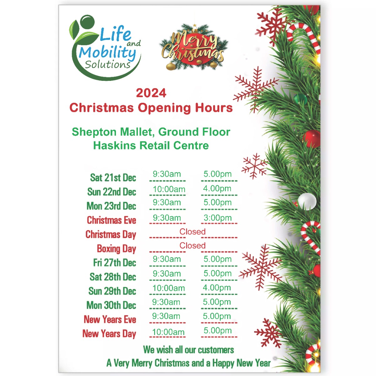 Christmas Opening Times Shepton Mallet Life and Mobility Solutions