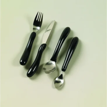 Caring cutlery set in black contoured handles