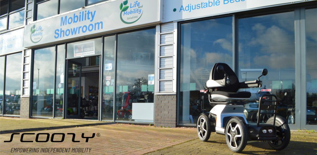 Scoozy Personal Mobility Vehicle outside Life and Mobility Melksham Showroom