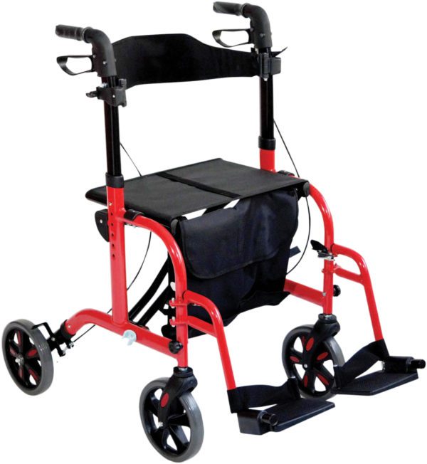 Whelchair rollator showing front view in red