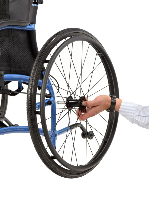 Showing wheel removal of TGA self propelled wheelchair